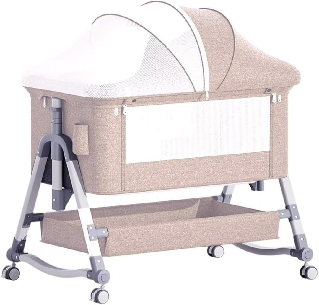 ベビーベッド カーキ 添い寝 折りたたみ ハイローベッド 高さ5段調節可能