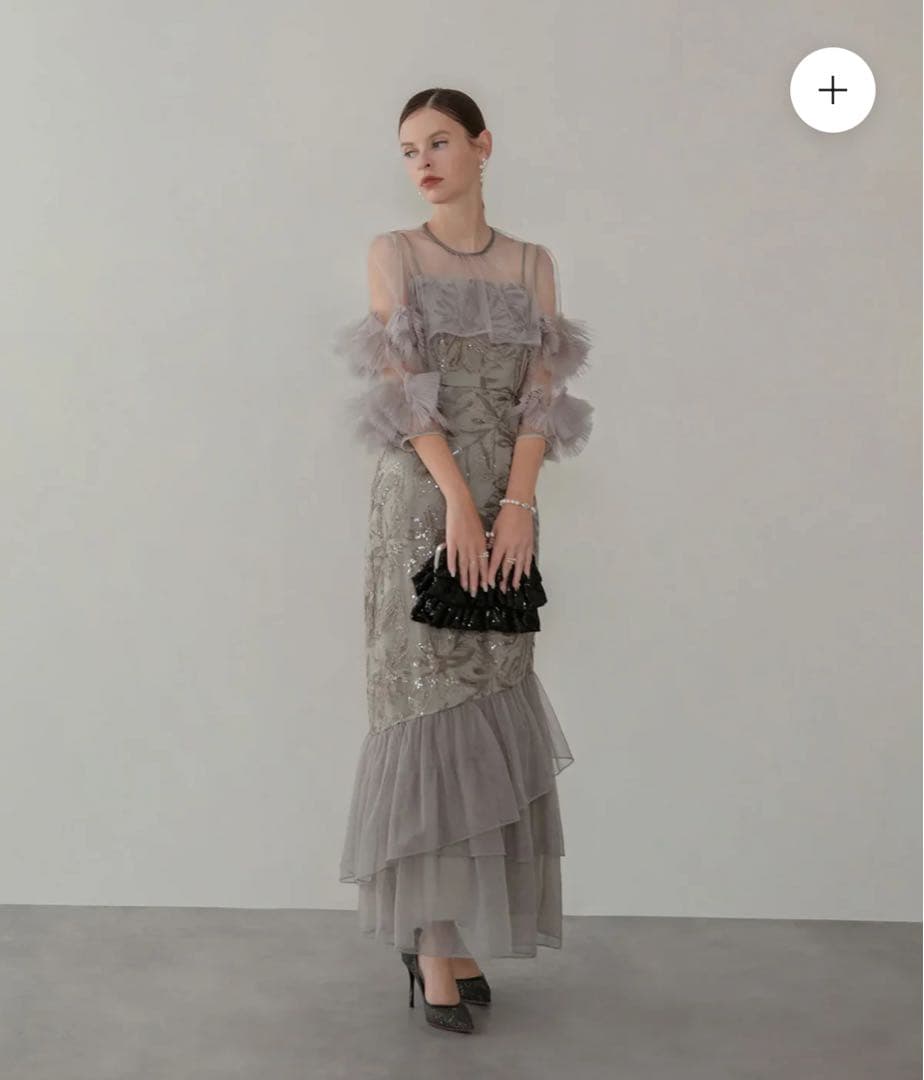 LEJA フラワースパンコールチュールフリルスリーブIラインワンピースドレス