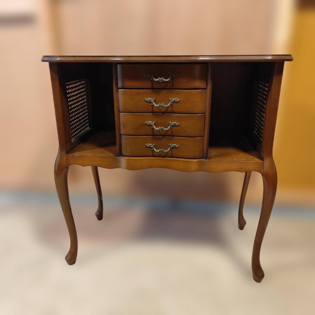 アンティーク調 猫脚コンソールデスク サイドチェスト かごめ編み ラタン