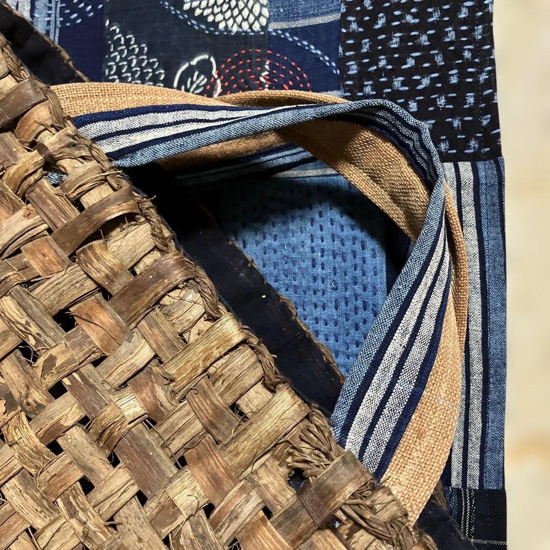 山葡萄国産かごバック腰籠ハケゴ擦れ防止布刺し子藍染め古布手提げ