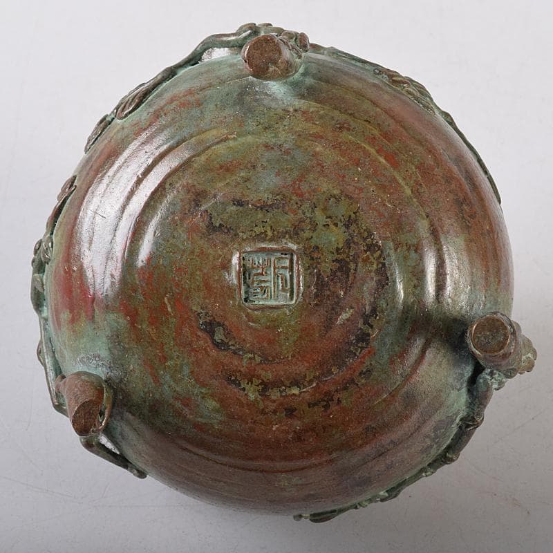 高岡銅器　須賀月芳作　蝋型鋳銅　松竹梅　香炉　共布共箱　C　R8703