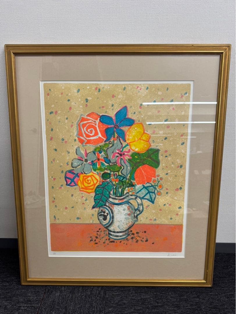 リトグラフ ポールアイズピリ　白い花瓶の花　EA 直筆サイン