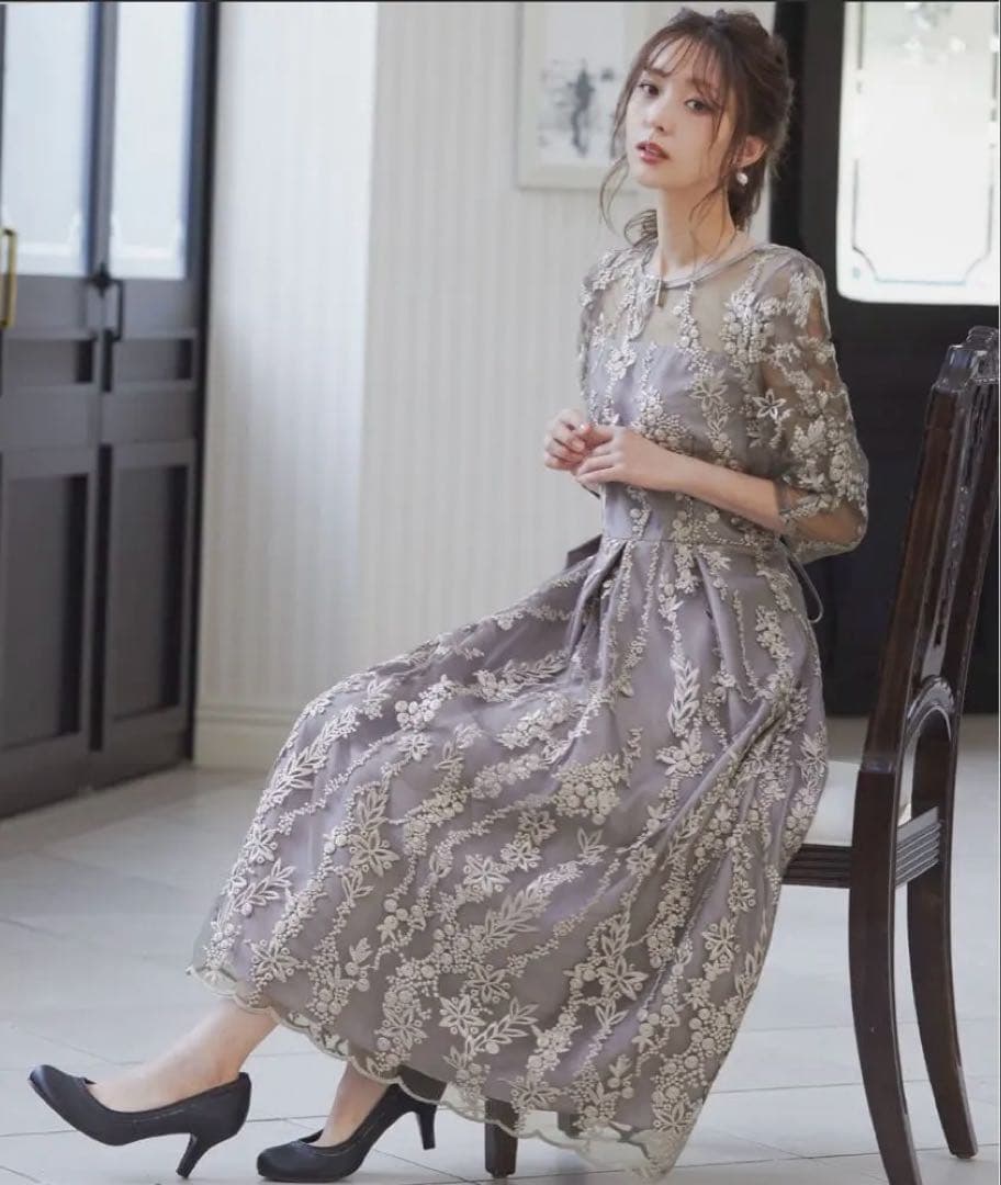 niana 刺繍レース バックリボン パーティードレス