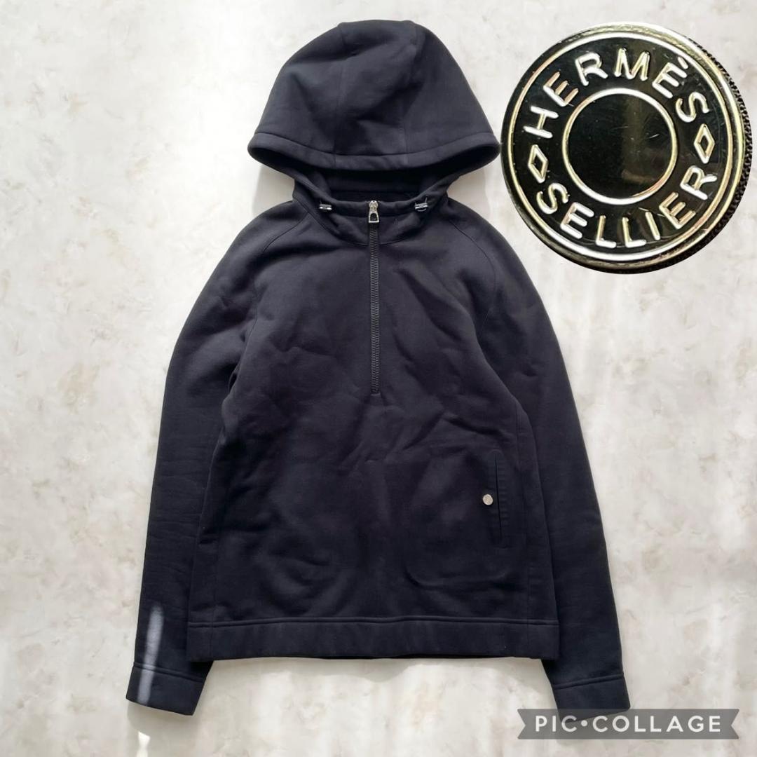 【新品同様】HERMES ハーフジップパーカー ブラック Lサイズ　セリエボタン