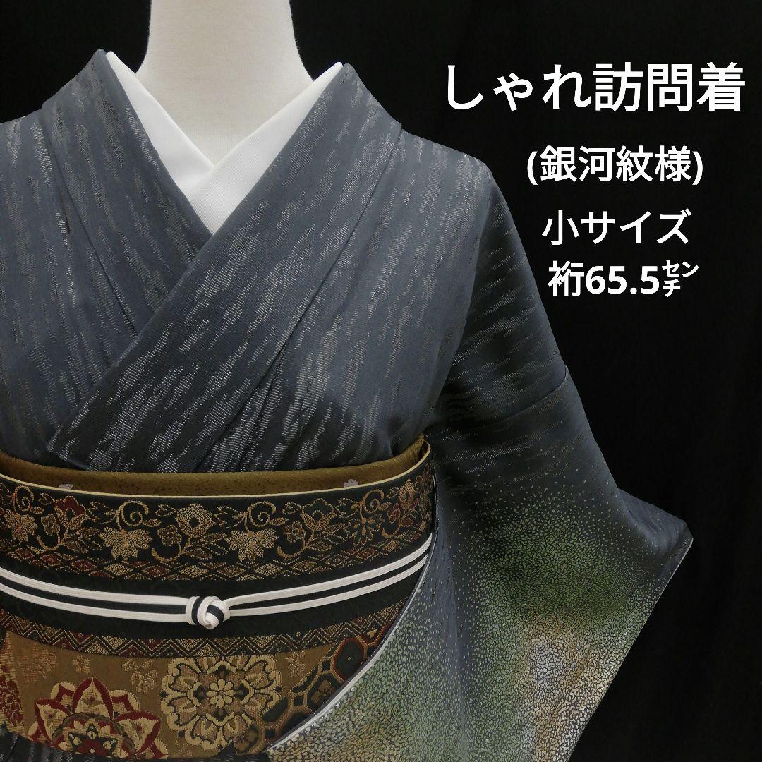 しゃれ訪問着(袷)　(銀通し銀河紋様　オーロラ風　墨黒色系　落款　小サイズ)