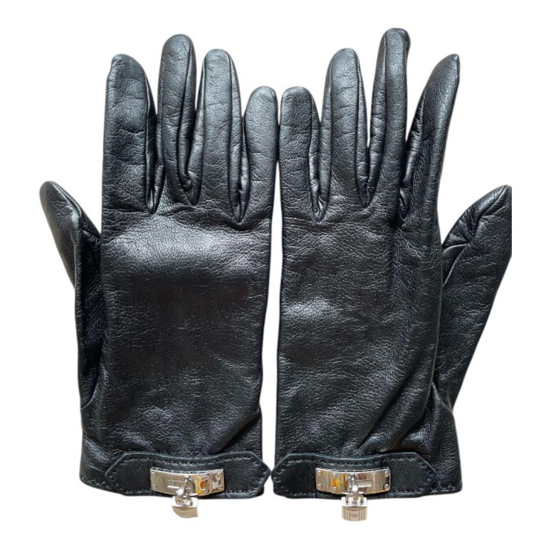 HERMES カデナチャームグローブ ブラック ラムスキン レディース 手袋
