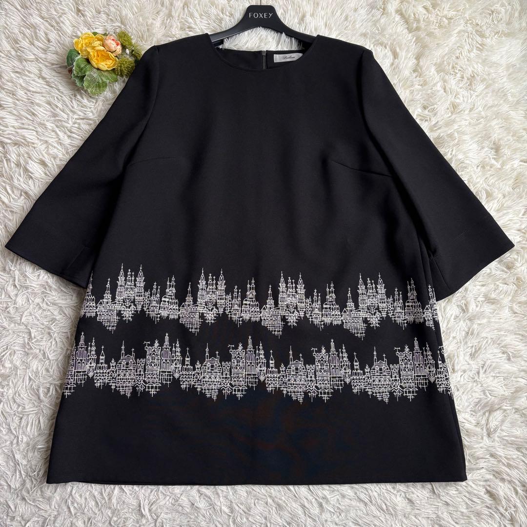 未使用級 22年♡レリアン 七分袖刺繍オーバーブラウス チュニック 13+ 黒