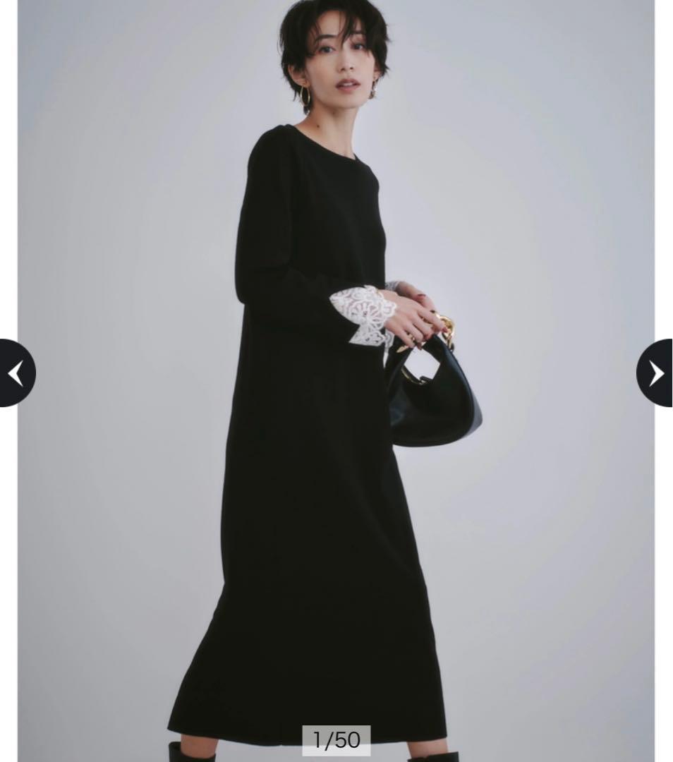 袖口レースワンピース