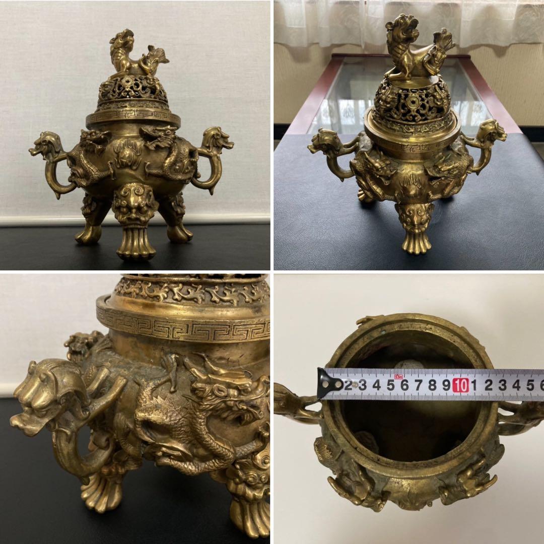 大明宣徳年鋳 香炉 銅製⁇ 真鍮⁇ 獅子 龍 工芸品 美術 大型 置物 レトロ