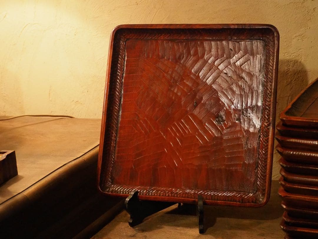 讃岐盆　超美品　木製彫刻模様入り　正方形　お盆　トレー5枚セット