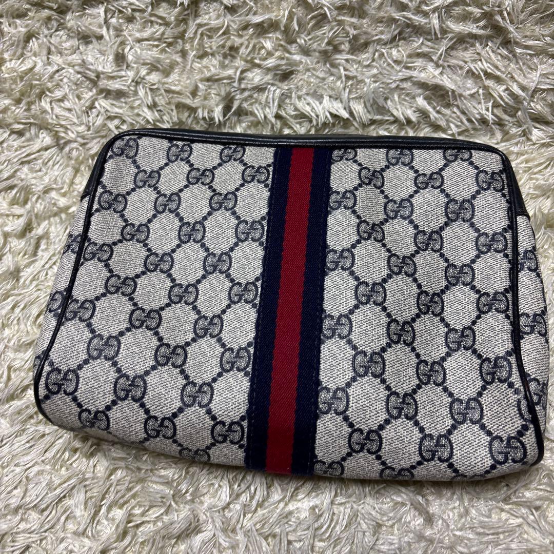 GUCCI オールドグッチ PVC クラッチバッグ GG ネイビー シェリー