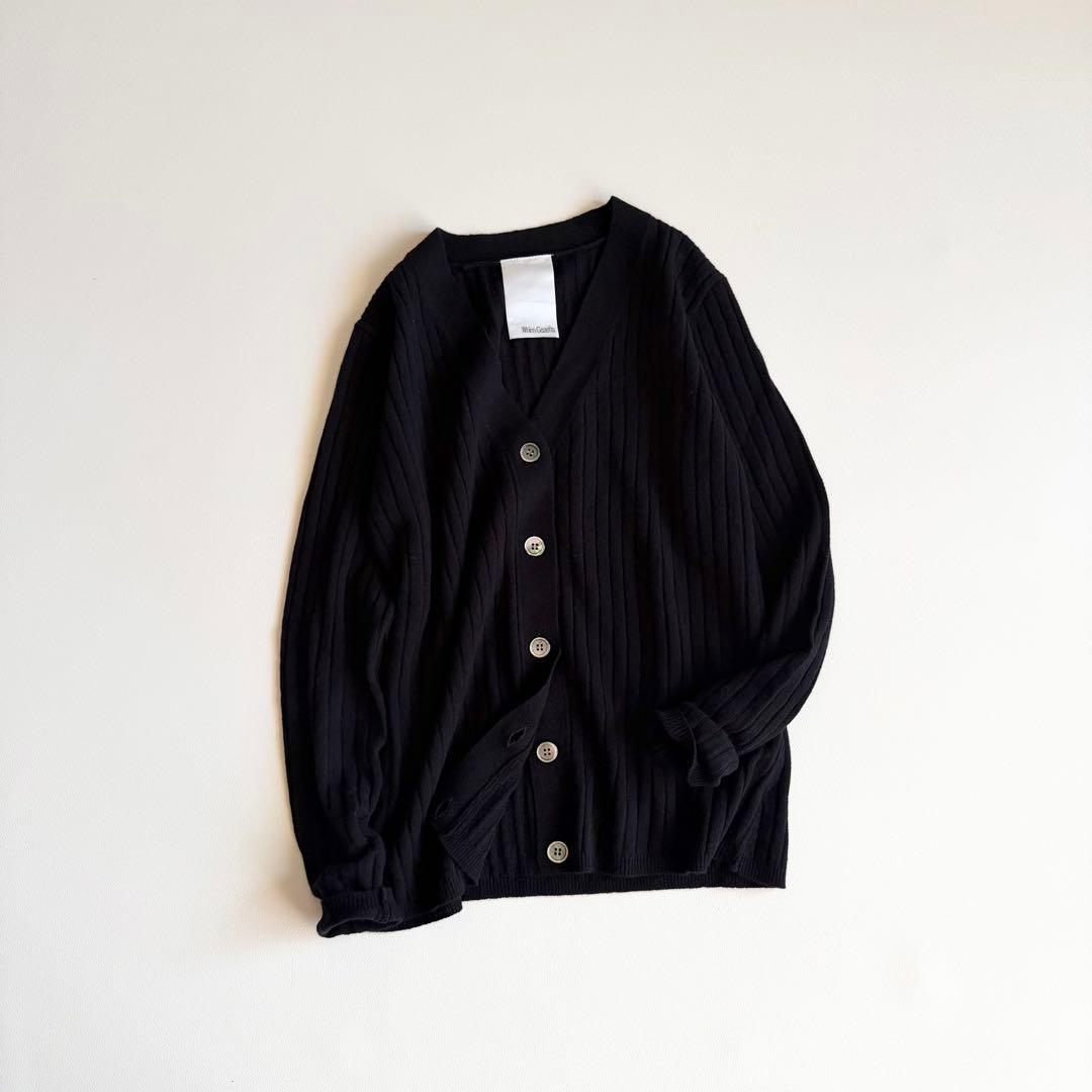 【ウィムガゼット】ウール カシミヤ混 リブVネックカーディガン 黒 リブ
