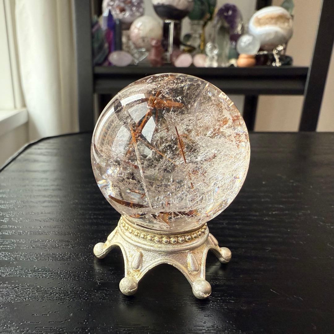 天然石ルチルクォーツのスフィア　丸玉　置物NO.010606