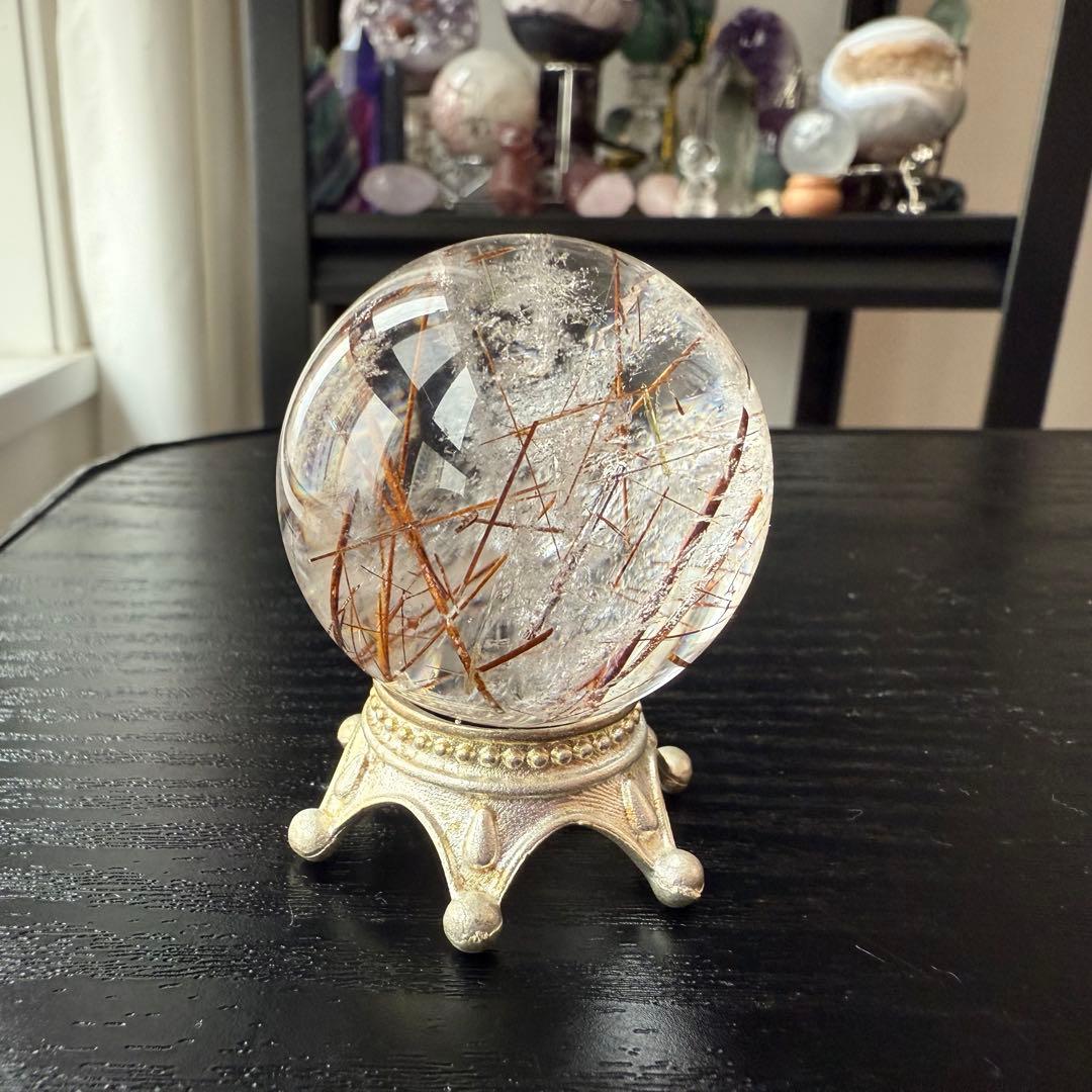 天然石ルチルクォーツのスフィア　丸玉　置物NO.010606