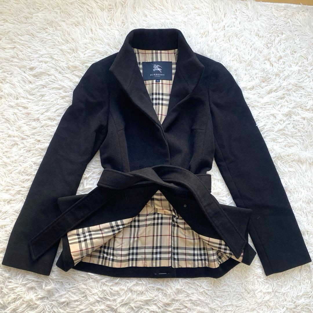美品　バーバリーロンドン　コート　ベルト　ブラック　ノバチェック　アンゴラ65%
