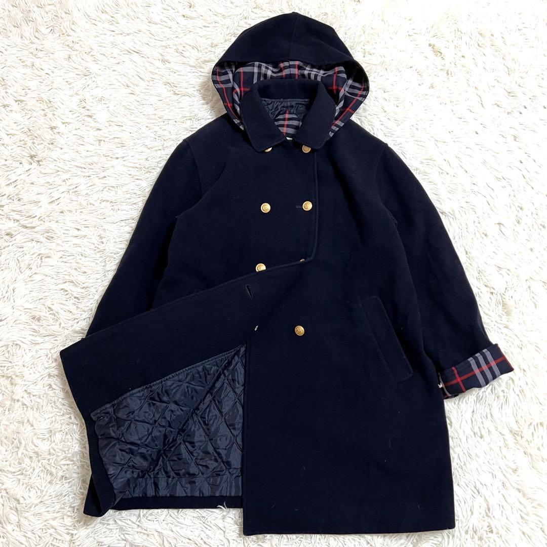 バーバリー フードコート ダブル チェック 金ボタン　 キルティング ネイビーM