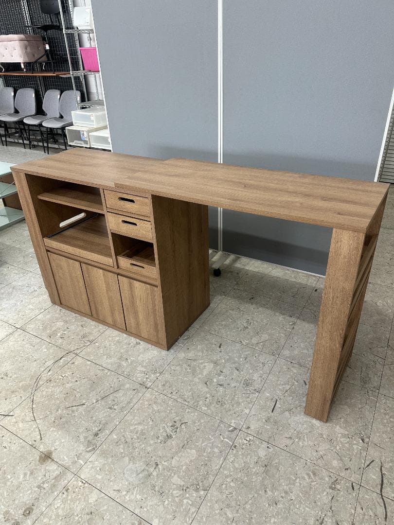 LOWYA 伸縮式キッチンカウンター 食器棚 ブラウン