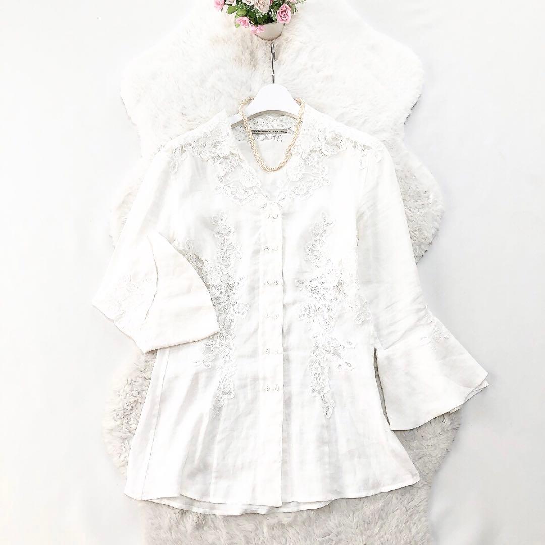 エルマンノシェルビーノ*リネン100%　レースブラウス　フリル　ホワイト 42