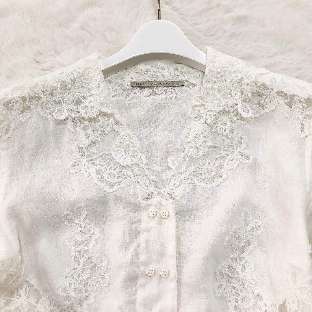 エルマンノシェルビーノ*リネン100%　レースブラウス　フリル　ホワイト 42
