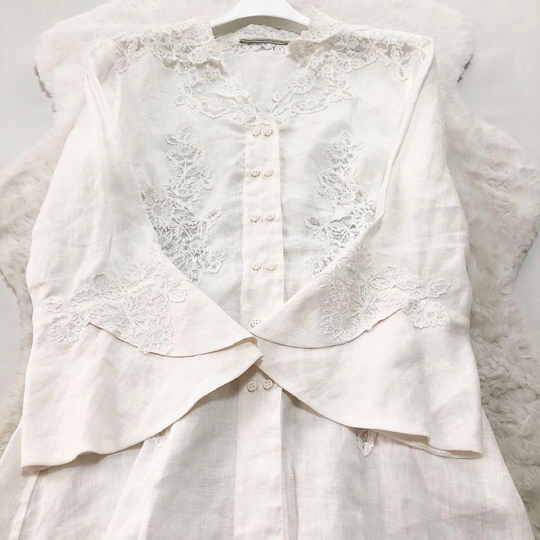 エルマンノシェルビーノ*リネン100%　レースブラウス　フリル　ホワイト 42