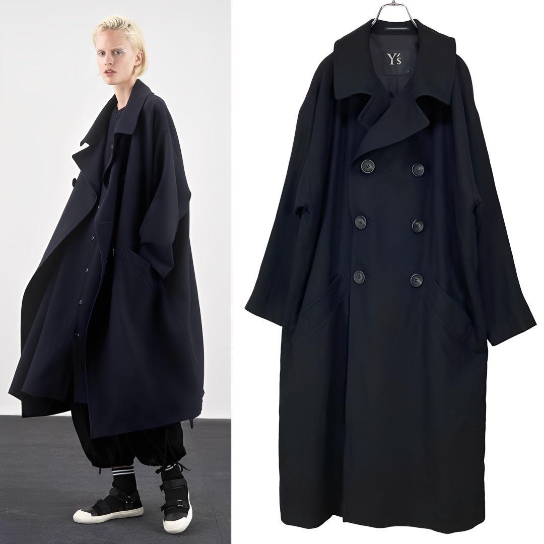 Y's ワイズ ウール ステンカラーコート 黒2