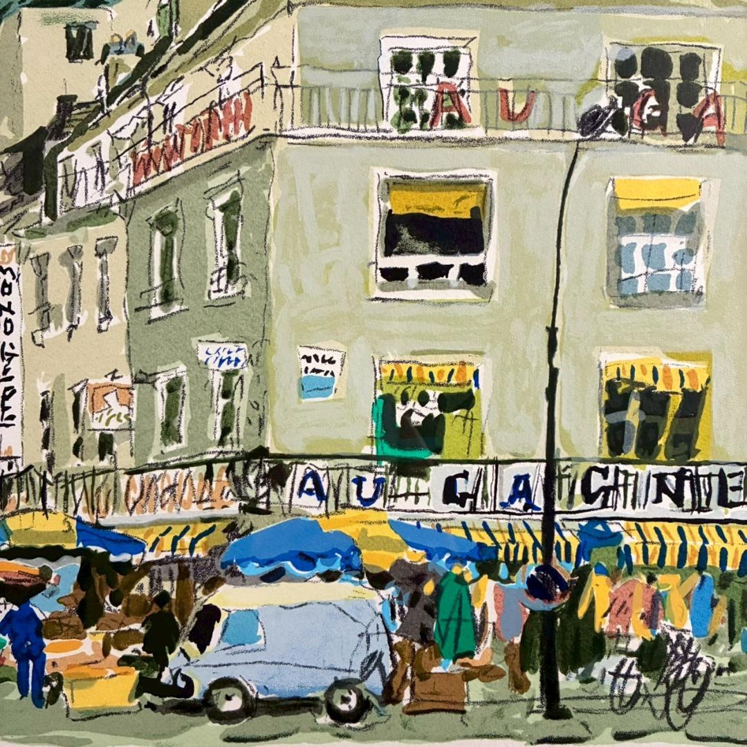 児玉幸雄「村の朝市」リトグラフ 直筆サイン有 お洒落な額装 パリ フランス