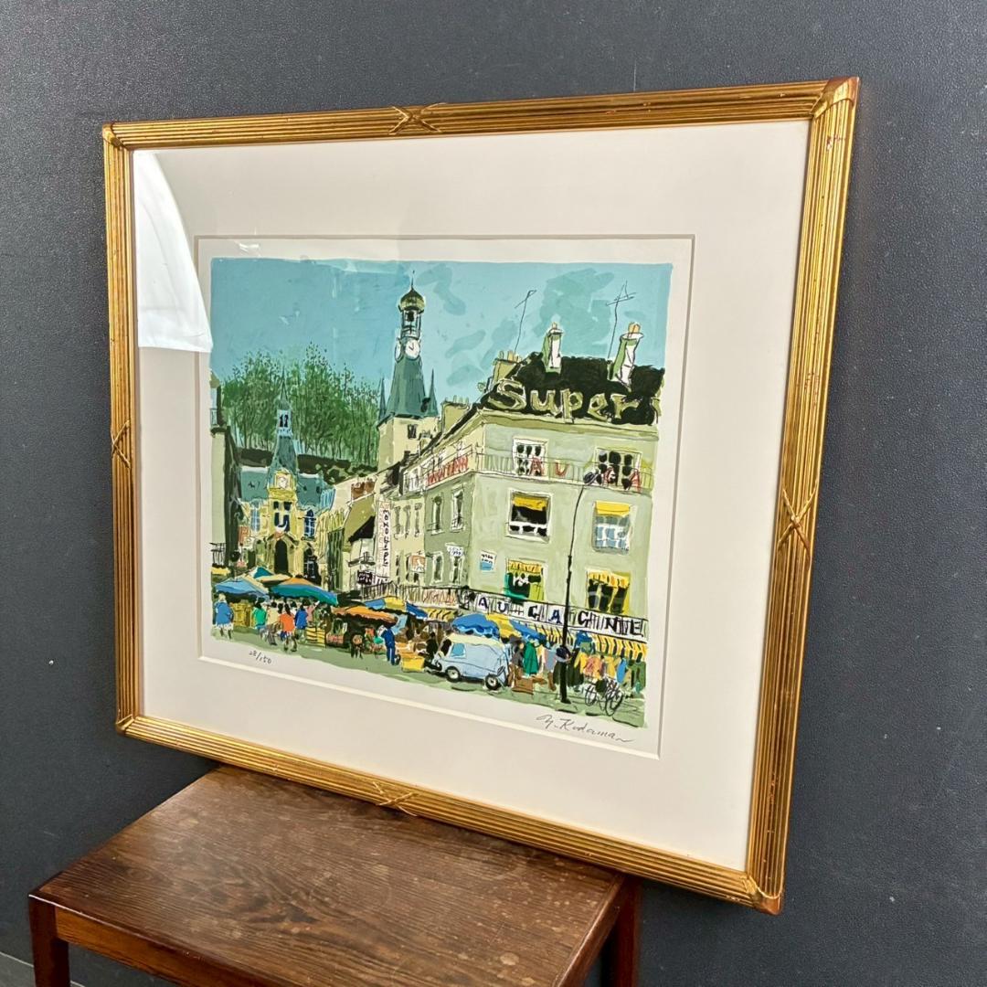 児玉幸雄「村の朝市」リトグラフ 直筆サイン有 お洒落な額装 パリ フランス