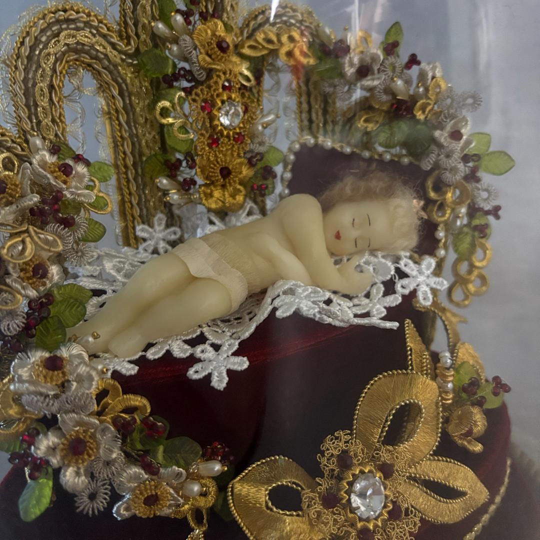 アンティーク 幼子イエス像 ガラスドーム入り フランス宗教工芸品