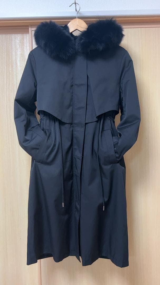 新品ラビットファーライナーモッズコート黒フード付きフォックストリミング毛皮ファー