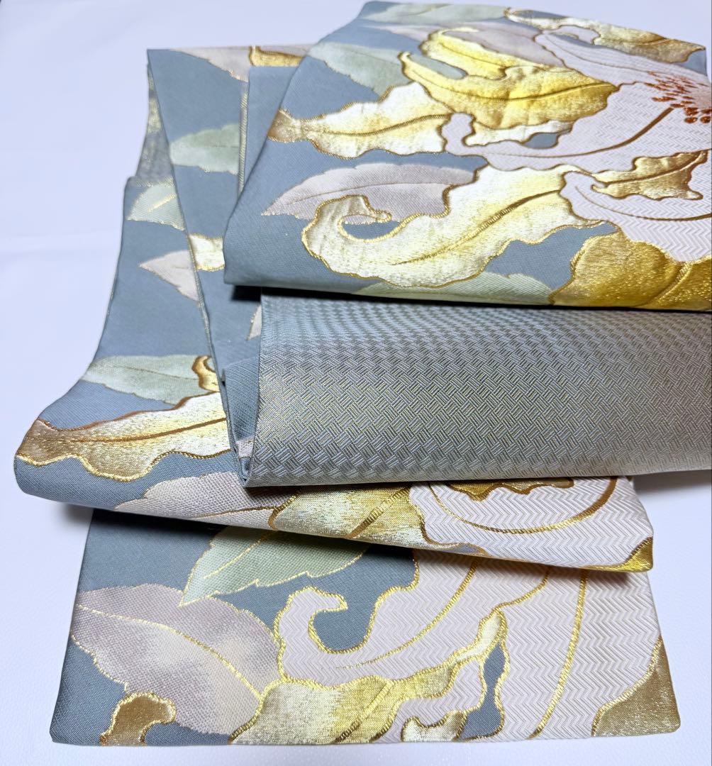 高級 袋帯 正絹 六通柄 佐賀錦 武一郎 落款入り 百合 ゴールド 唐織 ブルー