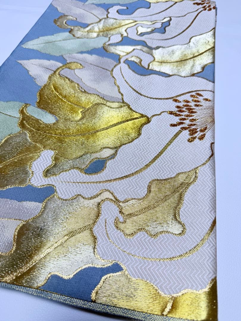 高級 袋帯 正絹 六通柄 佐賀錦 武一郎 落款入り 百合 ゴールド 唐織 ブルー