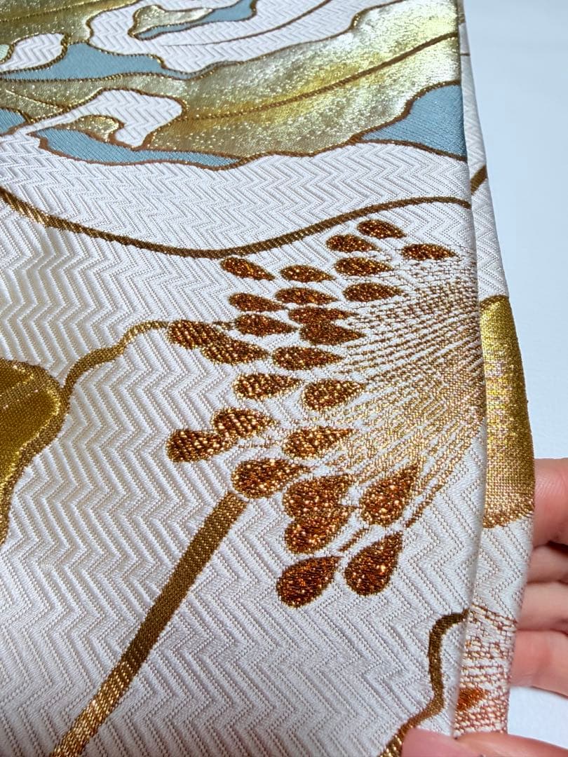 高級 袋帯 正絹 六通柄 佐賀錦 武一郎 落款入り 百合 ゴールド 唐織 ブルー