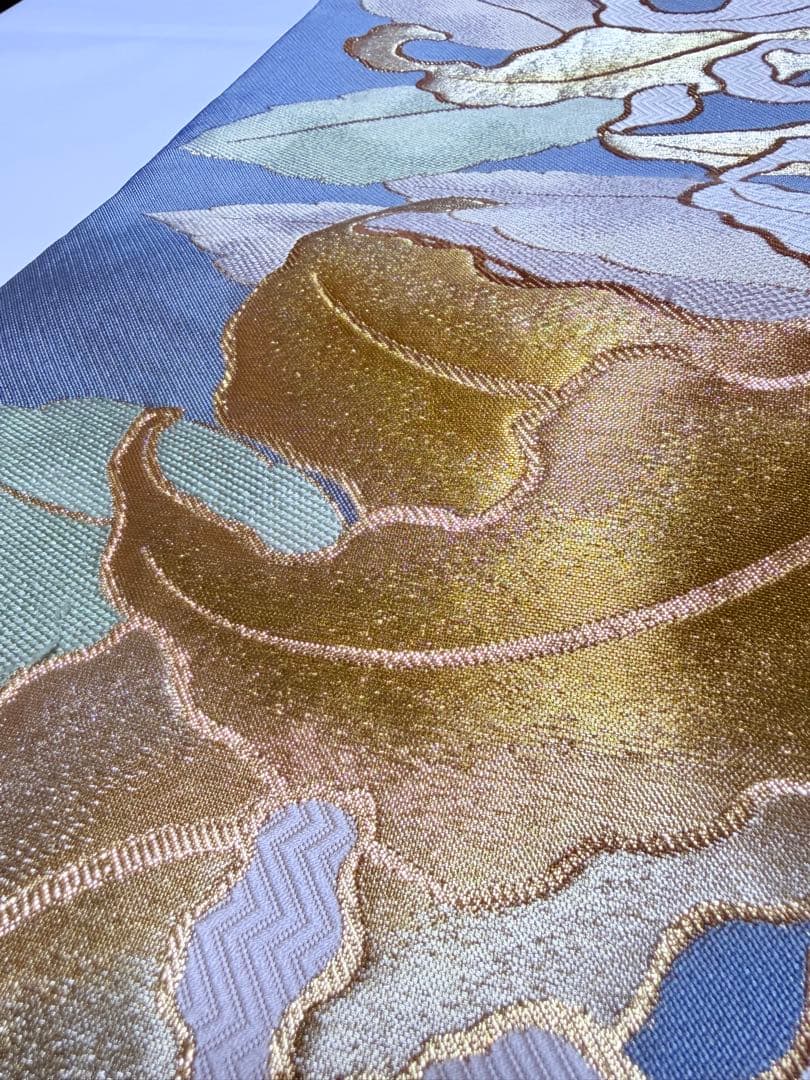 高級 袋帯 正絹 六通柄 佐賀錦 武一郎 落款入り 百合 ゴールド 唐織 ブルー