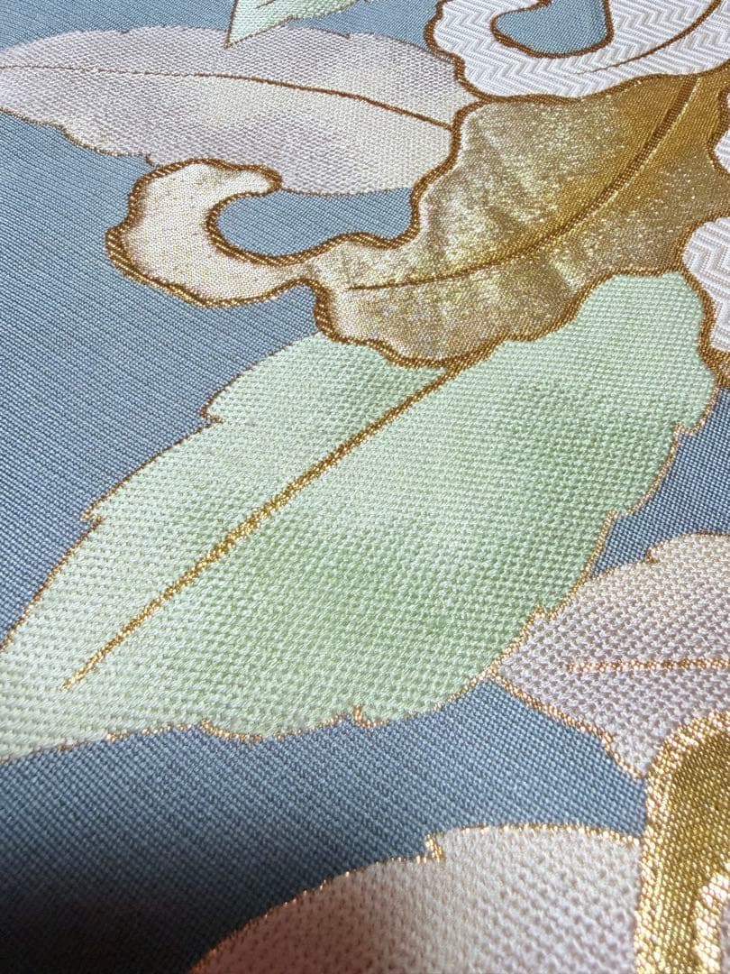 高級 袋帯 正絹 六通柄 佐賀錦 武一郎 落款入り 百合 ゴールド 唐織 ブルー