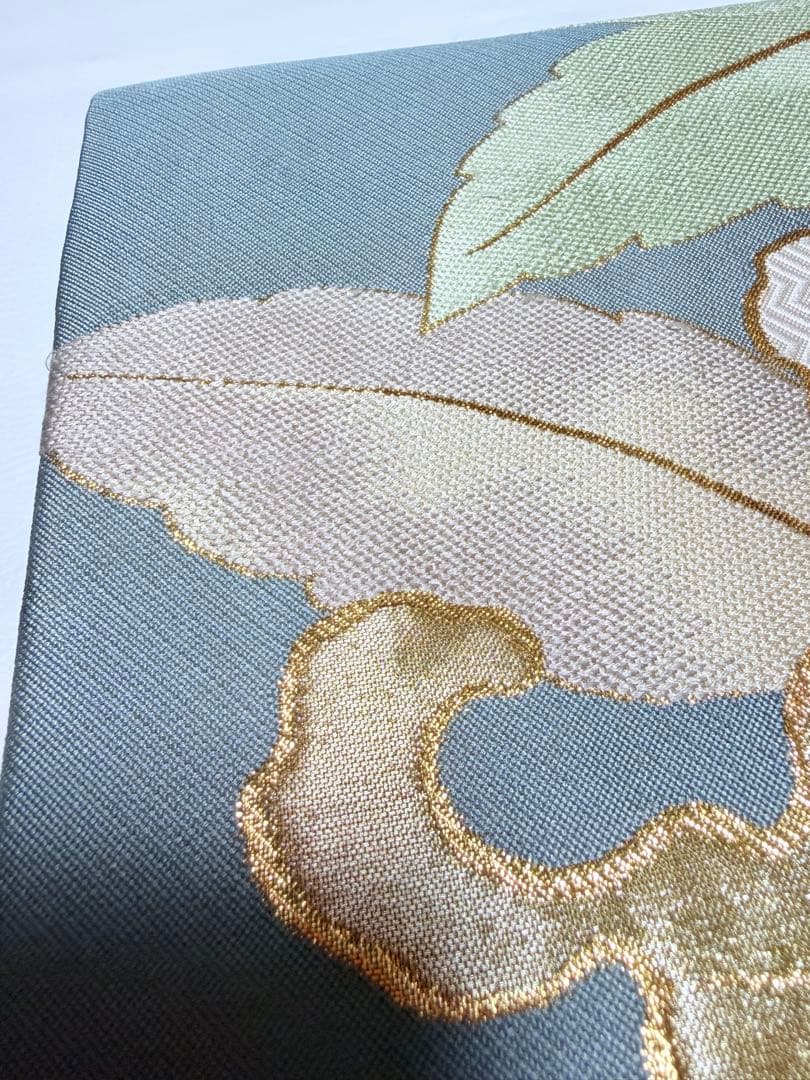 高級 袋帯 正絹 六通柄 佐賀錦 武一郎 落款入り 百合 ゴールド 唐織 ブルー