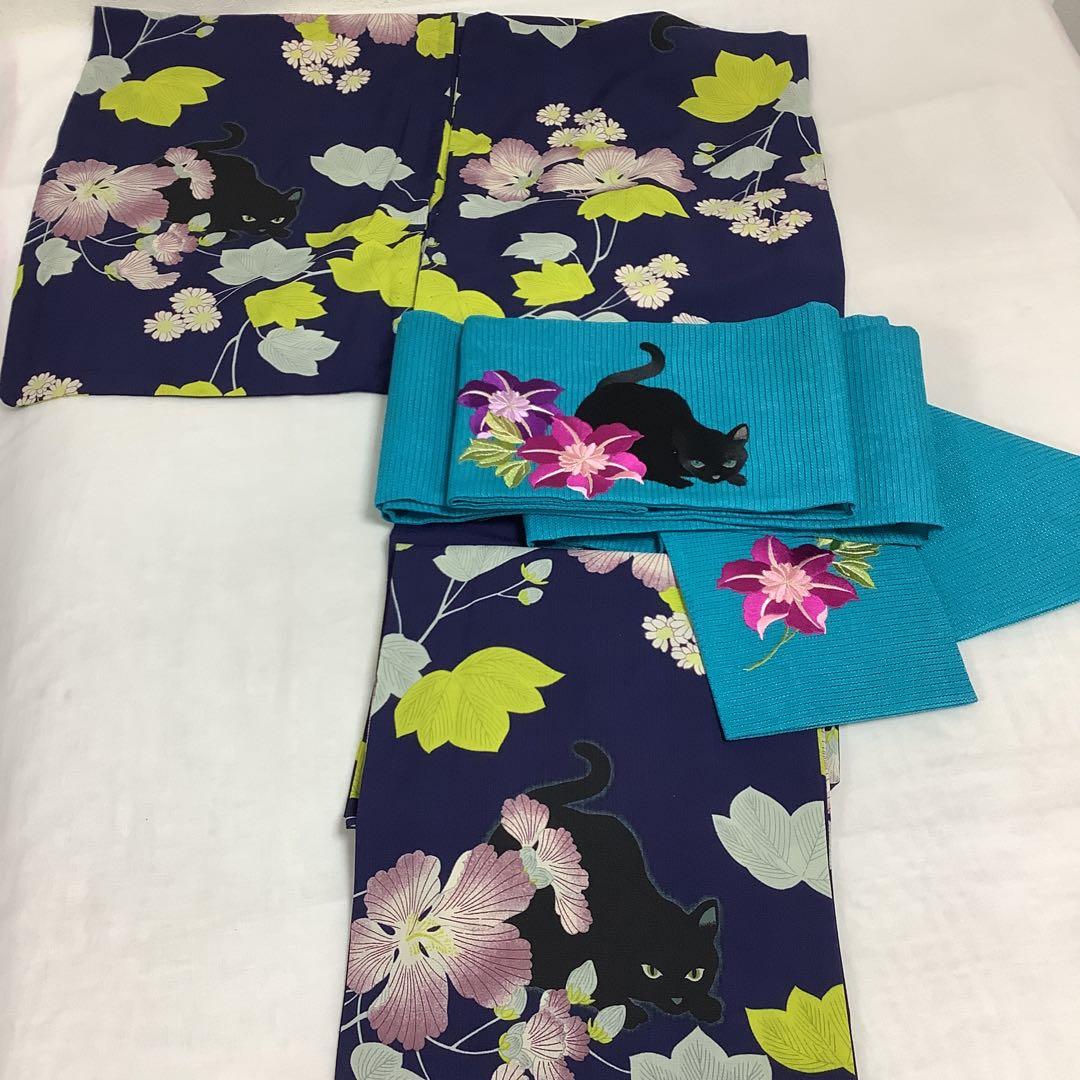 【彦兵衛mini】お買得！人気『撫松庵』・セオα浴衣・半幅帯セット〜芙蓉に黒猫〜