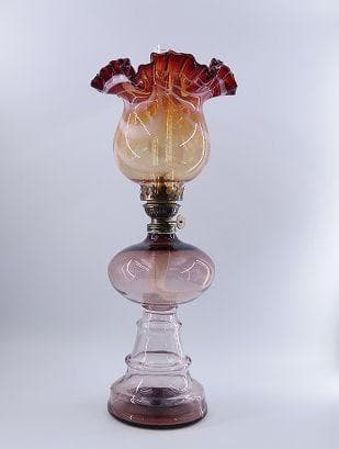 北一硝子 オイルランプ 紫×赤 フリル ガラス フリルシェード