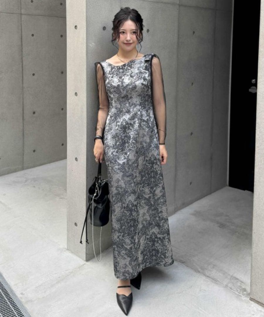 新品LERURE Shoulder ribbon jacquard dress