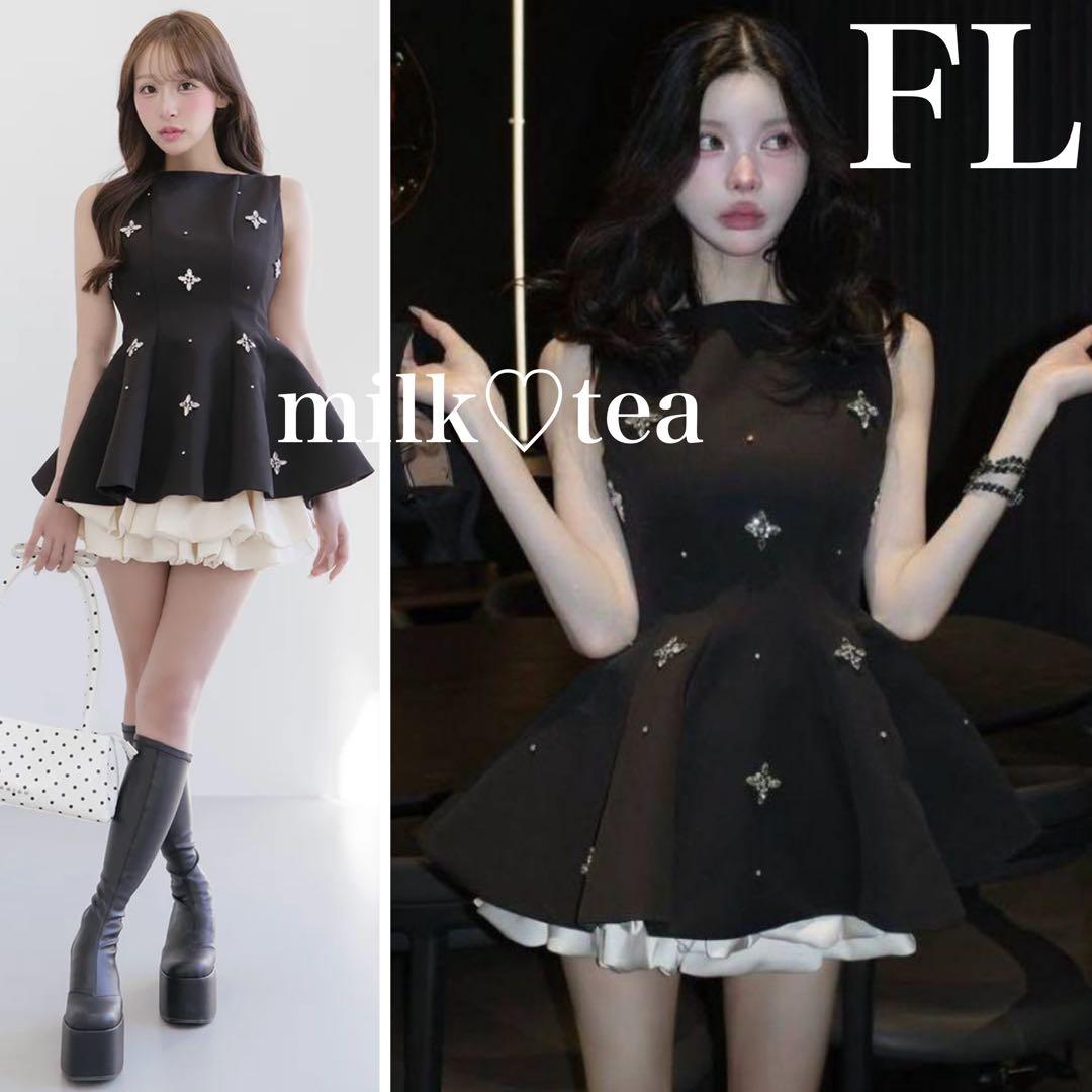 新品タグ付 ダーリッチ ビジューフレアバルーンミニドレス FL ブラック