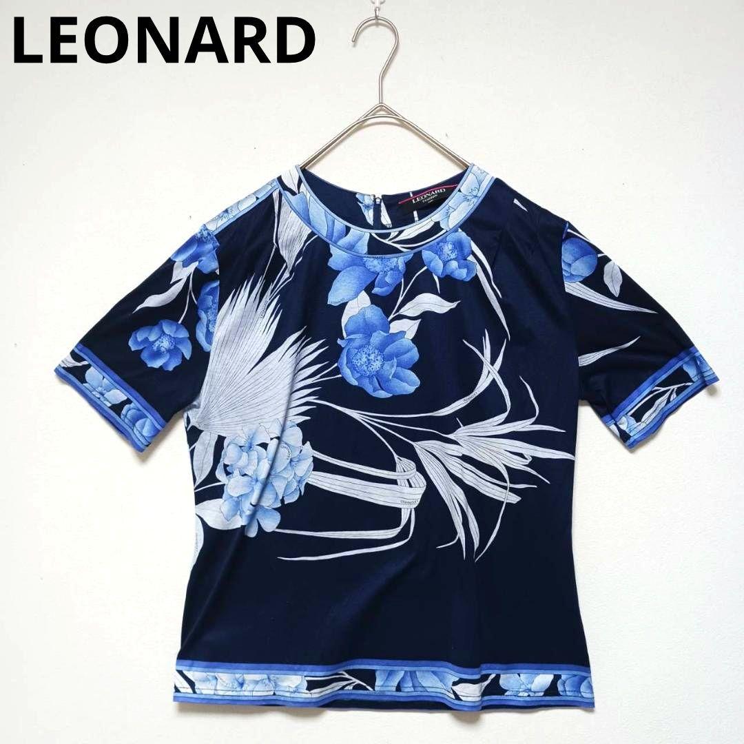 レオナール　半袖　カットソー　花柄　Tシャツ　綿　Mサイズ　濃い青