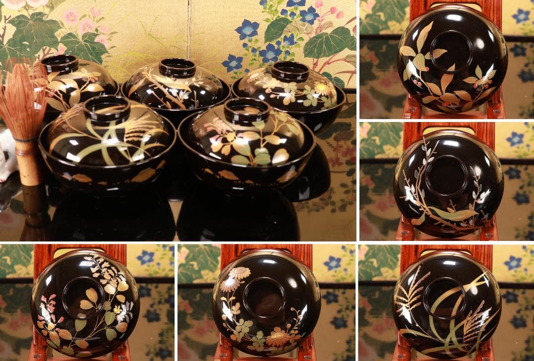 輪島塗　図替わり　草花蒔絵　吸物椀　五客　木製　BJ119