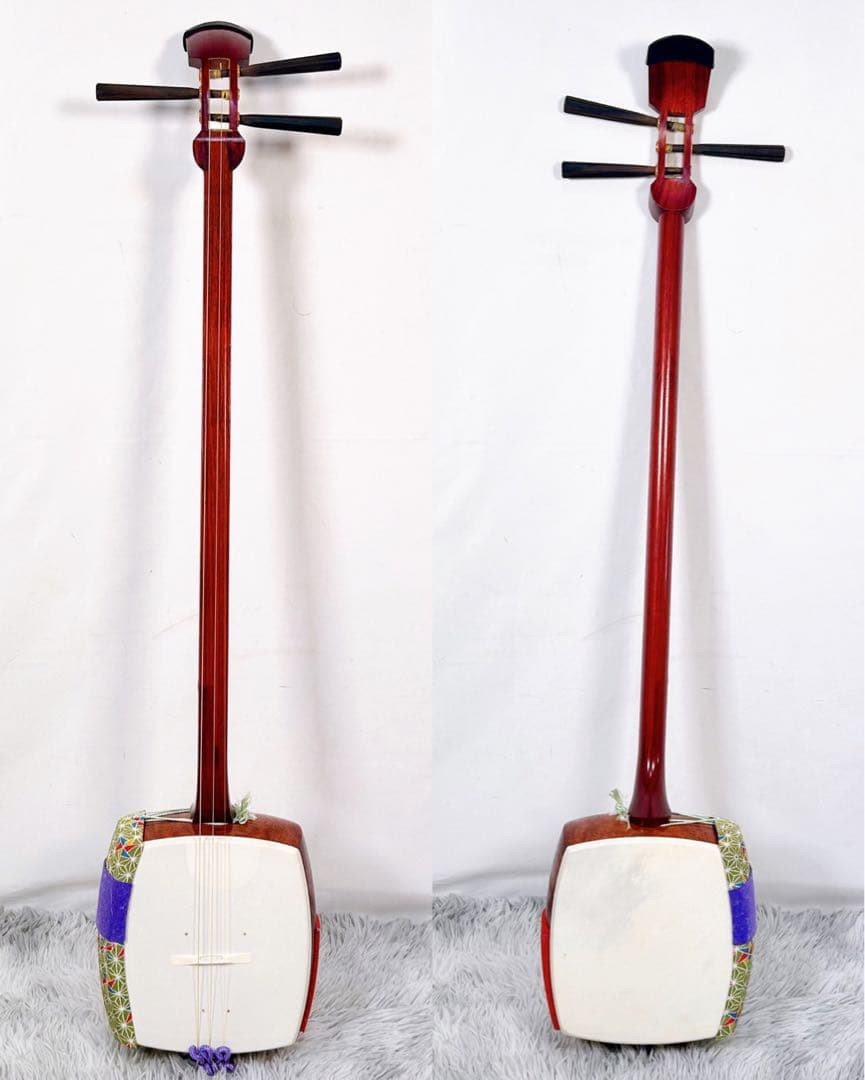 【希少】長唄三味線　細棹　花梨　正寸　丸打胴　撥付き　皮破れなし　本皮