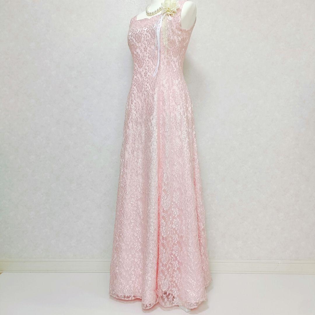【美品】ジュネビビアン 総レース刺繍 ロングドレス イブニングドレス ピンク M