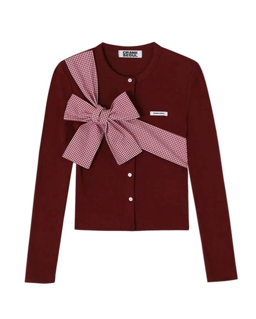 crank リボンタイドニットカーディガン　ワイン