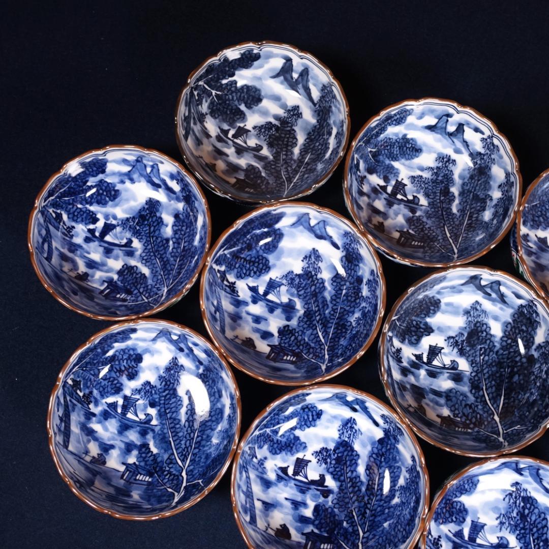 京焼名工 馬場京泉 染付色絵 柘榴に山水風景文 向付 10客