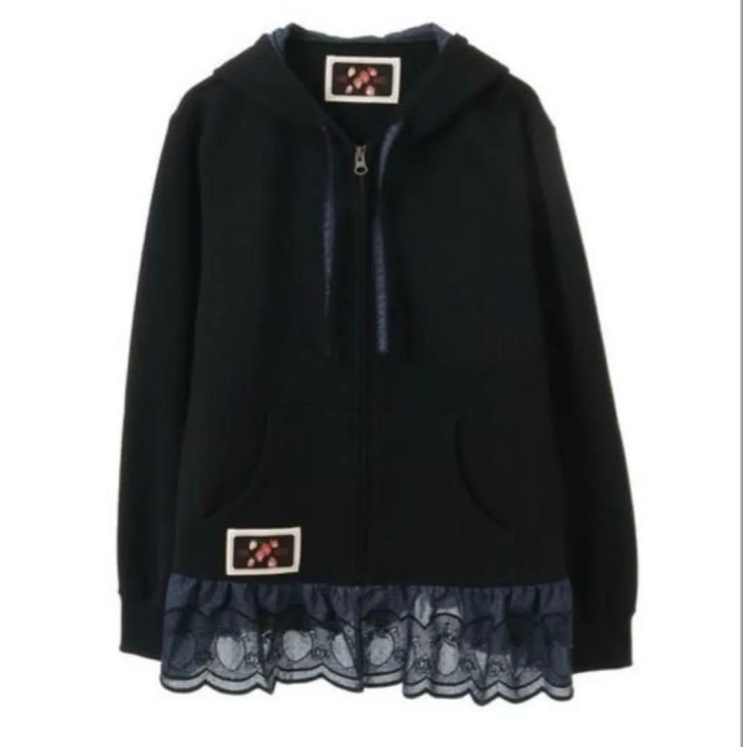ピンクハウス いちごステッチレース使いパーカー ブラック フード Ｌ