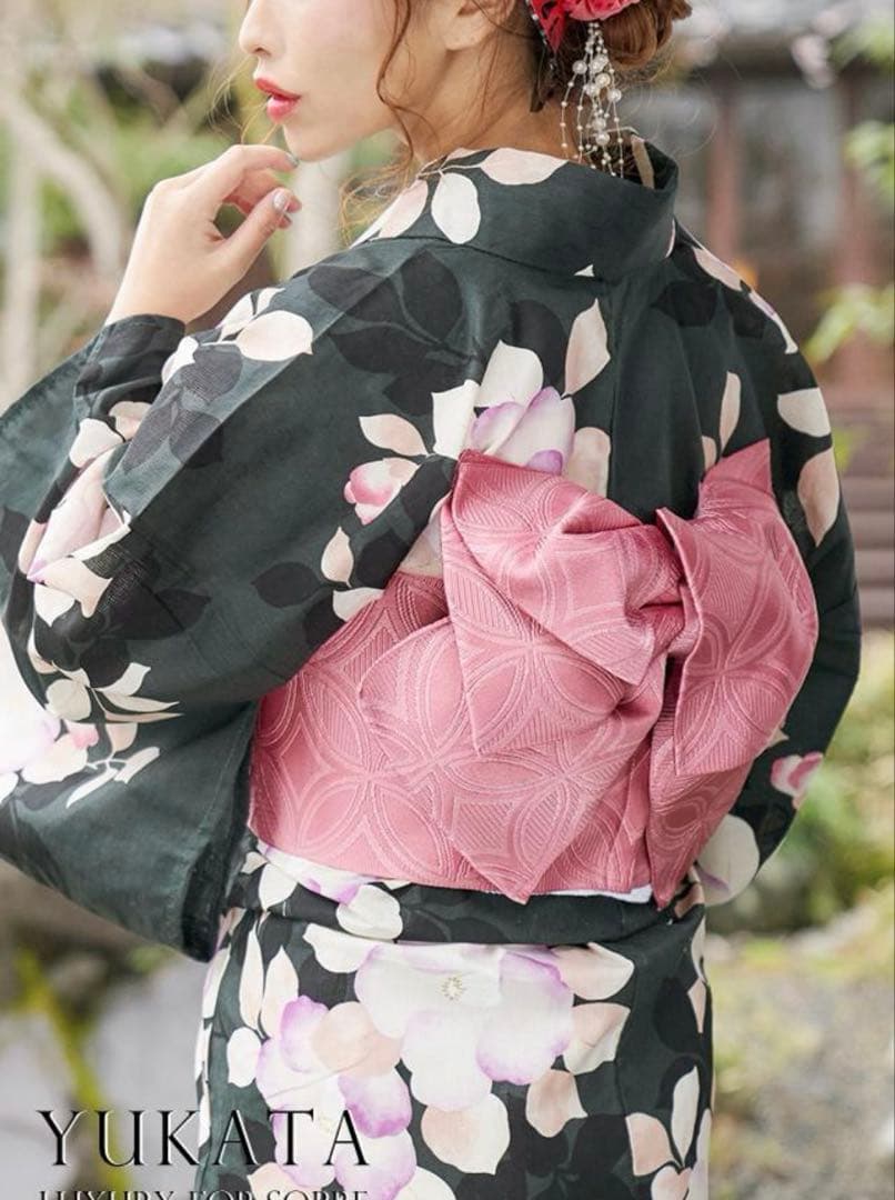 可憐椿柄浴衣 ゆかた 作り帯 セット 下駄 大人っぽい シック 新品　グリーン