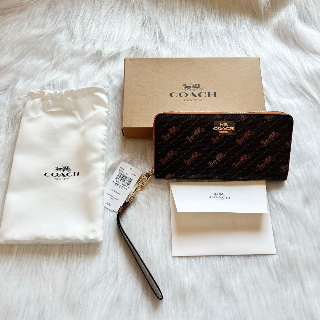新品✨コーチ 長財布 ホース＆キャリッジ ストラップ付 ダークブラウン×レッド