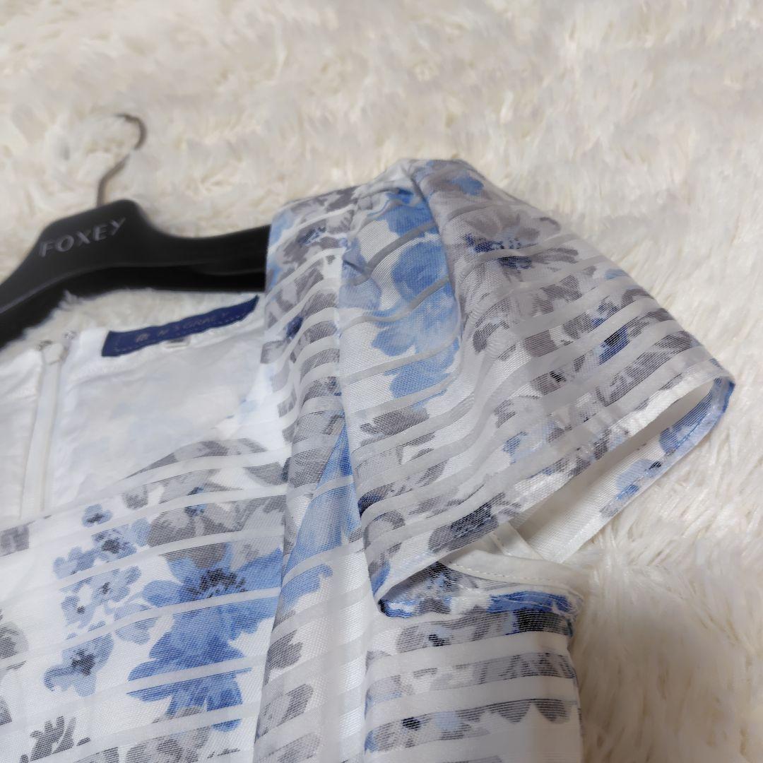 【美品♡人気デザイン】エムズグレイシー　シアーフラワーリボンフレアワンピース　青