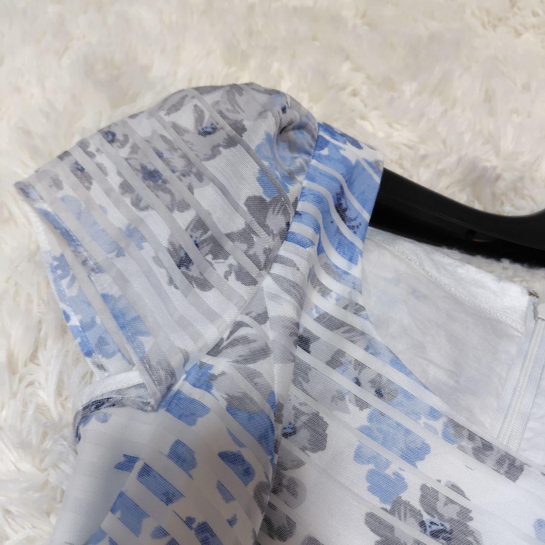 【美品♡人気デザイン】エムズグレイシー　シアーフラワーリボンフレアワンピース　青